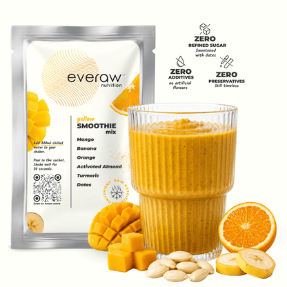 Everaw Yellow freeze dried Super Smoothie mix made from real mango, banana and orange, 100% real fruit with no added sugar, no preservatives and no artificial colours, instant healthy smoothie for kids and adults