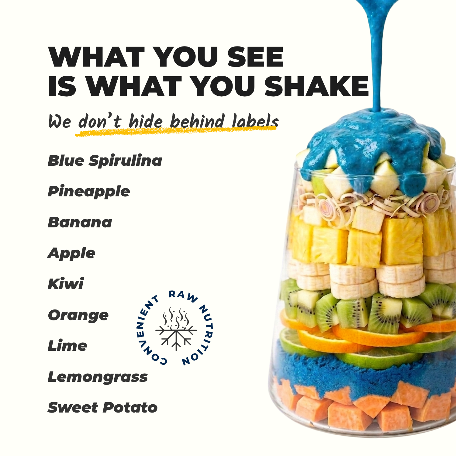 Everaw Blue smoothie mix ingredients, real blue spirulina, pineapple and kiwi and nothing else, what you see is what you shake, clean label freeze dried fruit smoothie