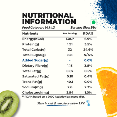Everaw Blue freeze dried Super Smoothie mix nutrition facts, naturally rich in fibre with zero added sugar, a balanced real fruit smoothie in seconds