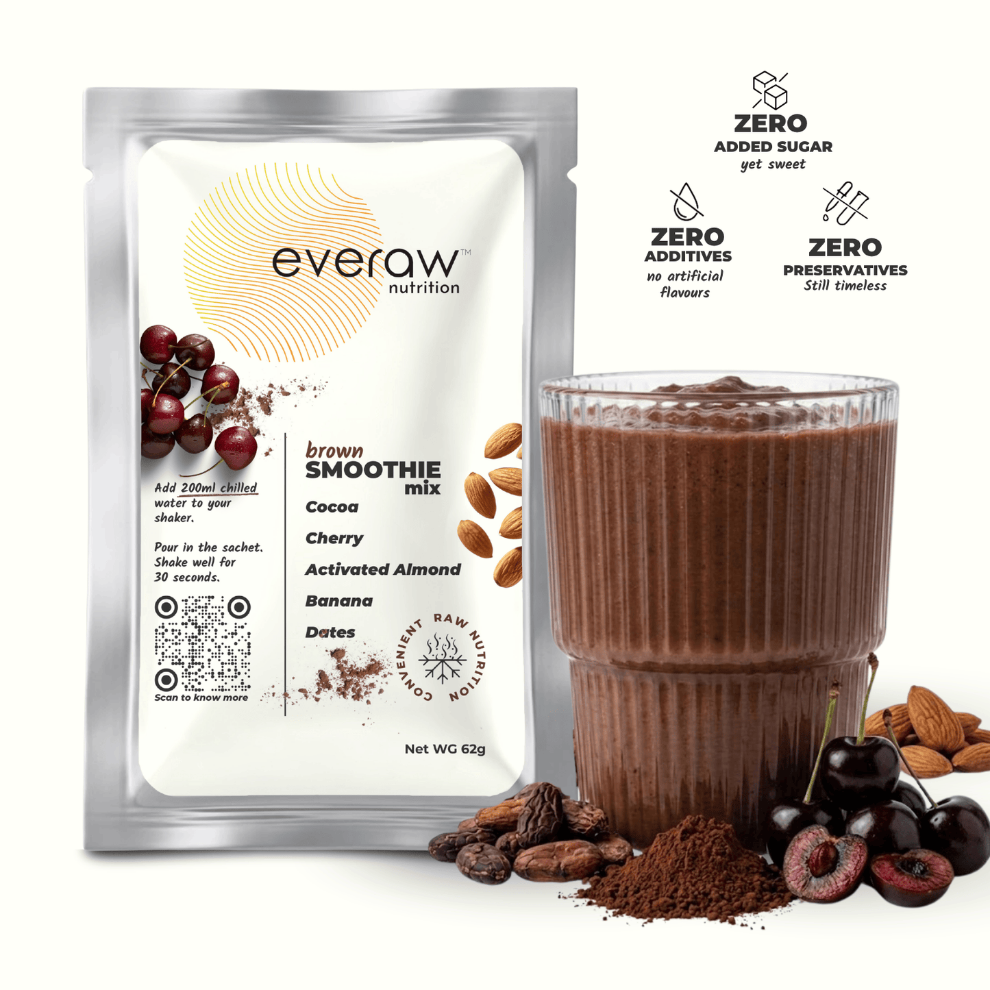 Everaw Brown freeze dried Super Smoothie mix made from real cocoa, cherry and almond, 100% real fruit with no added sugar, no preservatives and no artificial colours, instant healthy smoothie for kids and adults