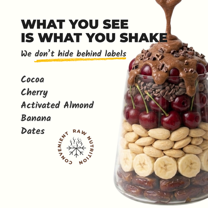 Everaw Brown smoothie mix ingredients, real cocoa, cherry and almond and nothing else, what you see is what you shake, clean label freeze dried fruit smoothie