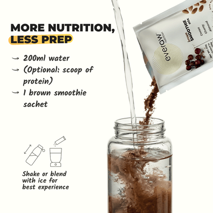 How to make the Everaw Brown smoothie, just add one sachet to 200ml water or milk, shake and drink, mess free instant real fruit smoothie