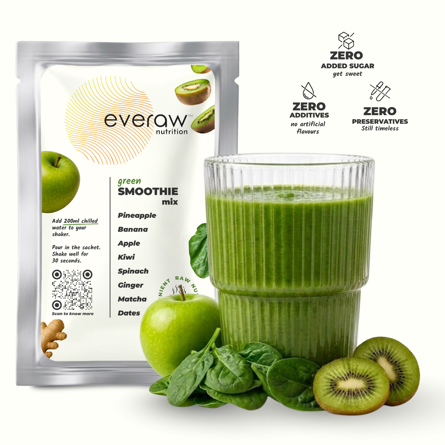 Everaw Green freeze dried Super Smoothie mix made from real apple, kiwi, spinach and matcha, 100% real fruit with no added sugar, no preservatives and no artificial colours, instant healthy smoothie for kids and adults