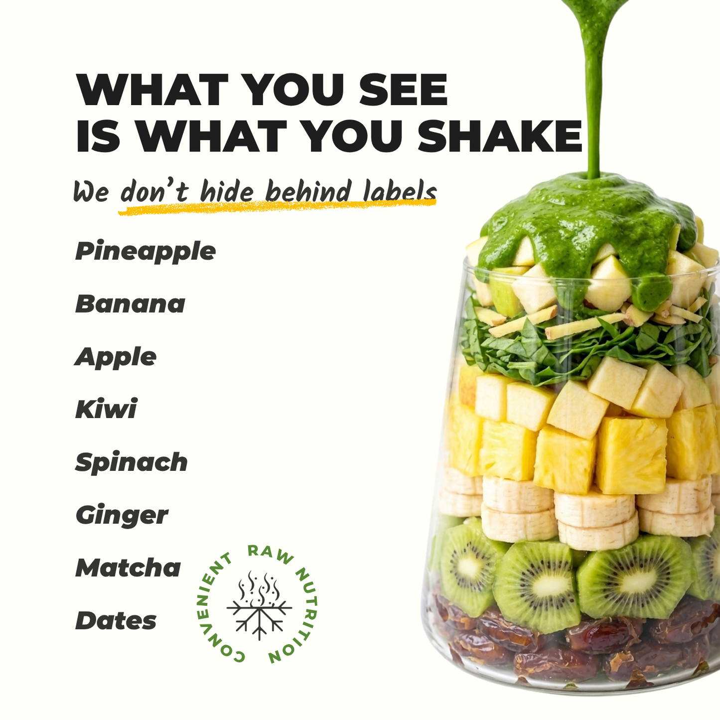 Everaw Green smoothie mix ingredients, real apple, kiwi, spinach and matcha and nothing else, what you see is what you shake, clean label freeze dried fruit smoothie