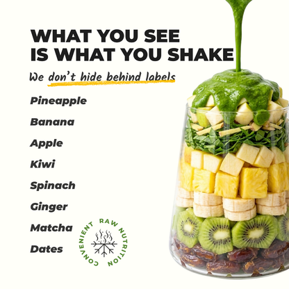 Everaw Green smoothie mix ingredients, real apple, kiwi, spinach and matcha and nothing else, what you see is what you shake, clean label freeze dried fruit smoothie