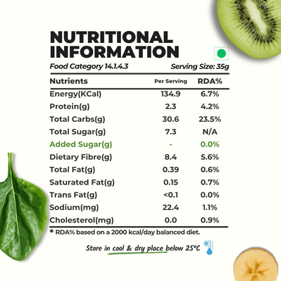 Everaw Green freeze dried Super Smoothie mix nutrition facts, naturally rich in fibre with zero added sugar, a balanced real fruit smoothie in seconds