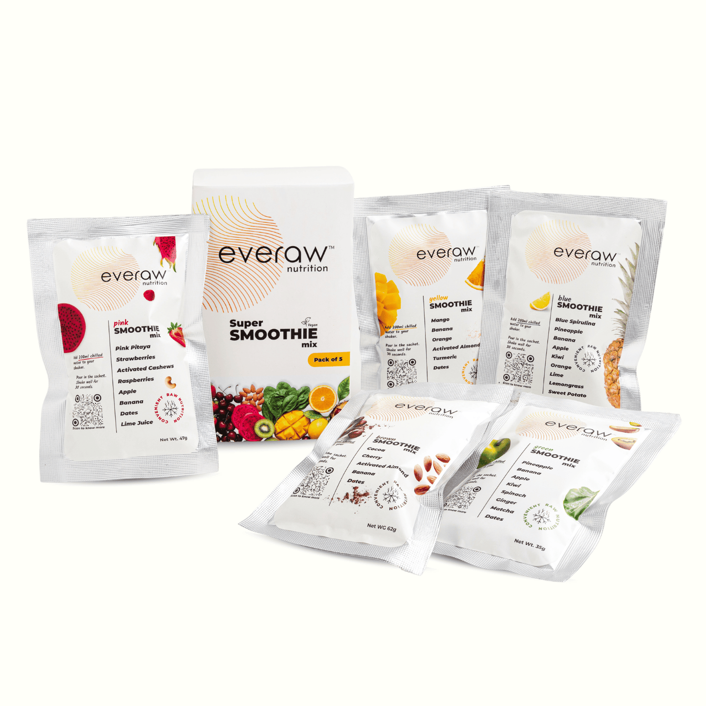Everaw Super Smoothie Mix Pack of 5 box with all five real fruit flavours, pink yellow green blue and brown, clean label no added sugar smoothie sachets for kids and adults