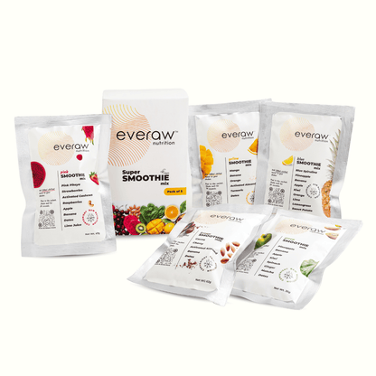 Everaw Super Smoothie Mix Pack of 5 box with all five real fruit flavours, pink yellow green blue and brown, clean label no added sugar smoothie sachets for kids and adults
