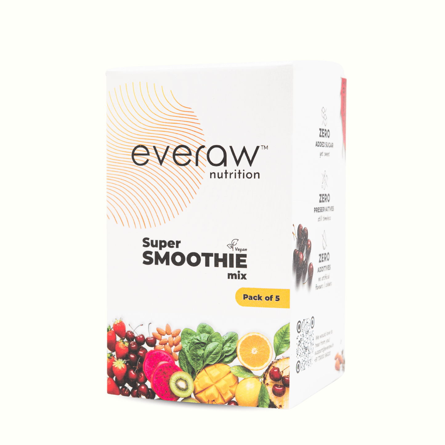Everaw Super Smoothie Mix Pack of 5 variety box, freeze dried real fruit smoothie sachets with no preservatives and no added sugar, instant healthy smoothie