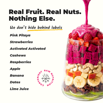 Everaw Pink smoothie mix ingredients, real strawberry, dragonfruit and raspberry and nothing else, what you see is what you shake, clean label freeze dried fruit smoothie