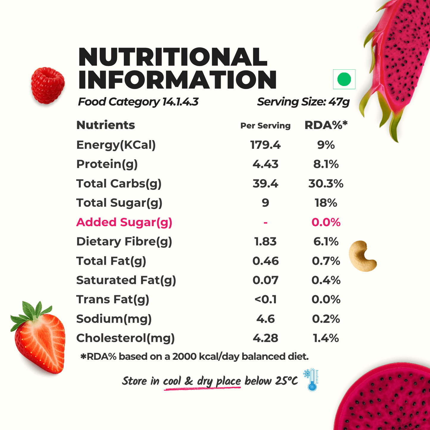 Everaw Pink freeze dried Super Smoothie mix nutrition facts, naturally rich in fibre with zero added sugar, a balanced real fruit smoothie in seconds