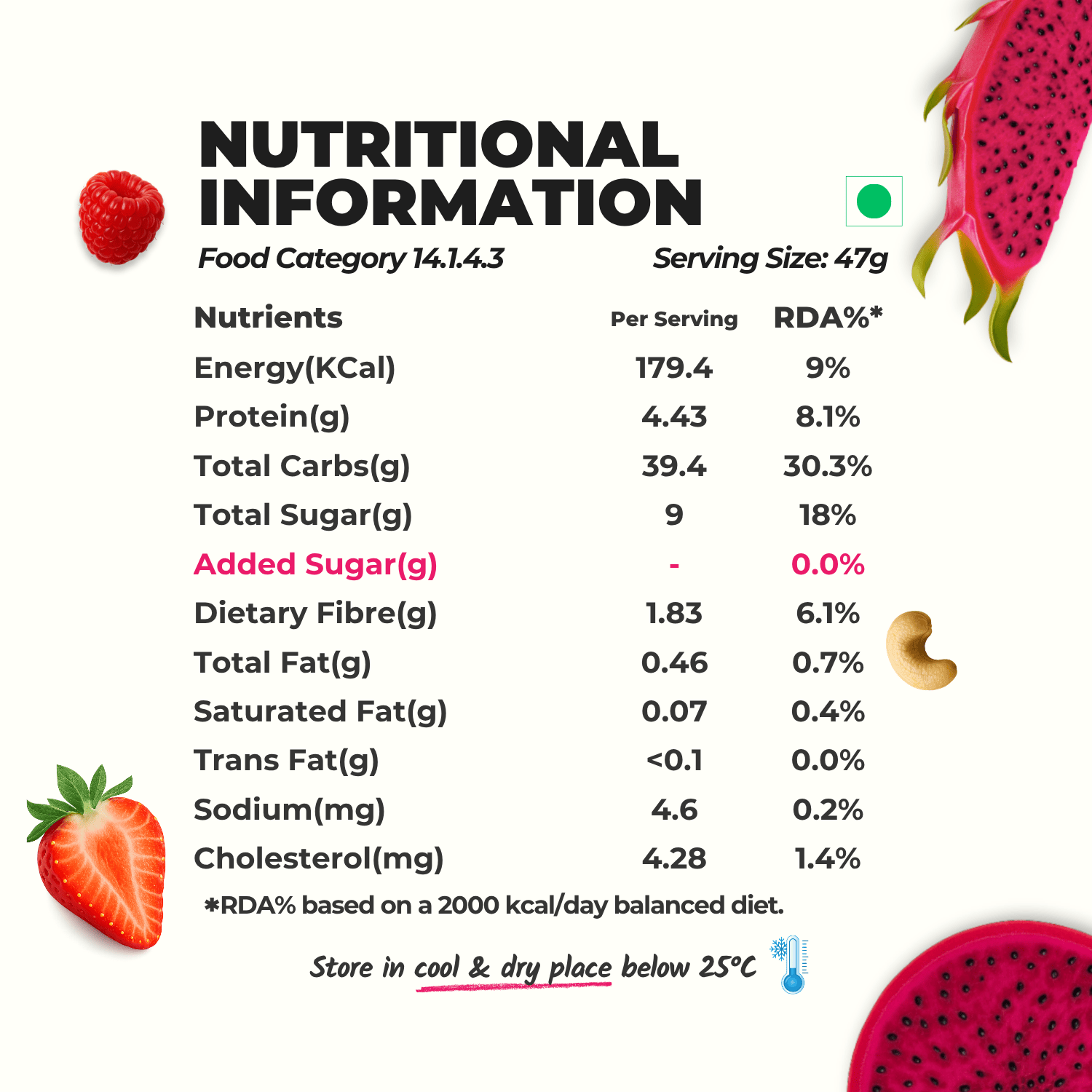 Everaw Pink freeze dried Super Smoothie mix nutrition facts, naturally rich in fibre with zero added sugar, a balanced real fruit smoothie in seconds