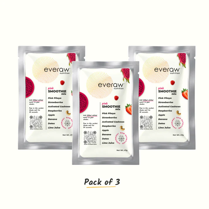 Everaw Pink Smoothie Mix pack of 3 sachets, dragon fruit strawberry raspberry, zero added sugar no preservatives clean-label smoothie multipack.