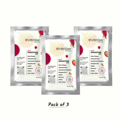 Everaw Pink Smoothie Mix pack of 3 sachets, dragon fruit strawberry raspberry, zero added sugar no preservatives clean-label smoothie multipack.