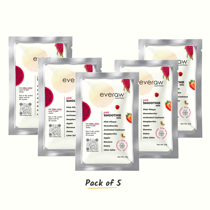 Everaw Pink Smoothie Mix pack of 5 sachets, dragon fruit strawberry raspberry, zero added sugar no preservatives clean-label smoothie value pack.