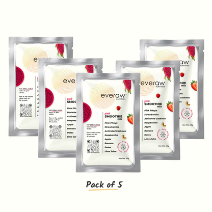 Everaw Pink Smoothie Mix pack of 5 sachets, dragon fruit strawberry raspberry, zero added sugar no preservatives clean-label smoothie value pack.