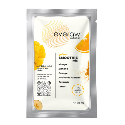 Everaw Yellow Super Smoothie mix sachet, freeze dried real fruit smoothie made from mango, banana and orange with no added sugar