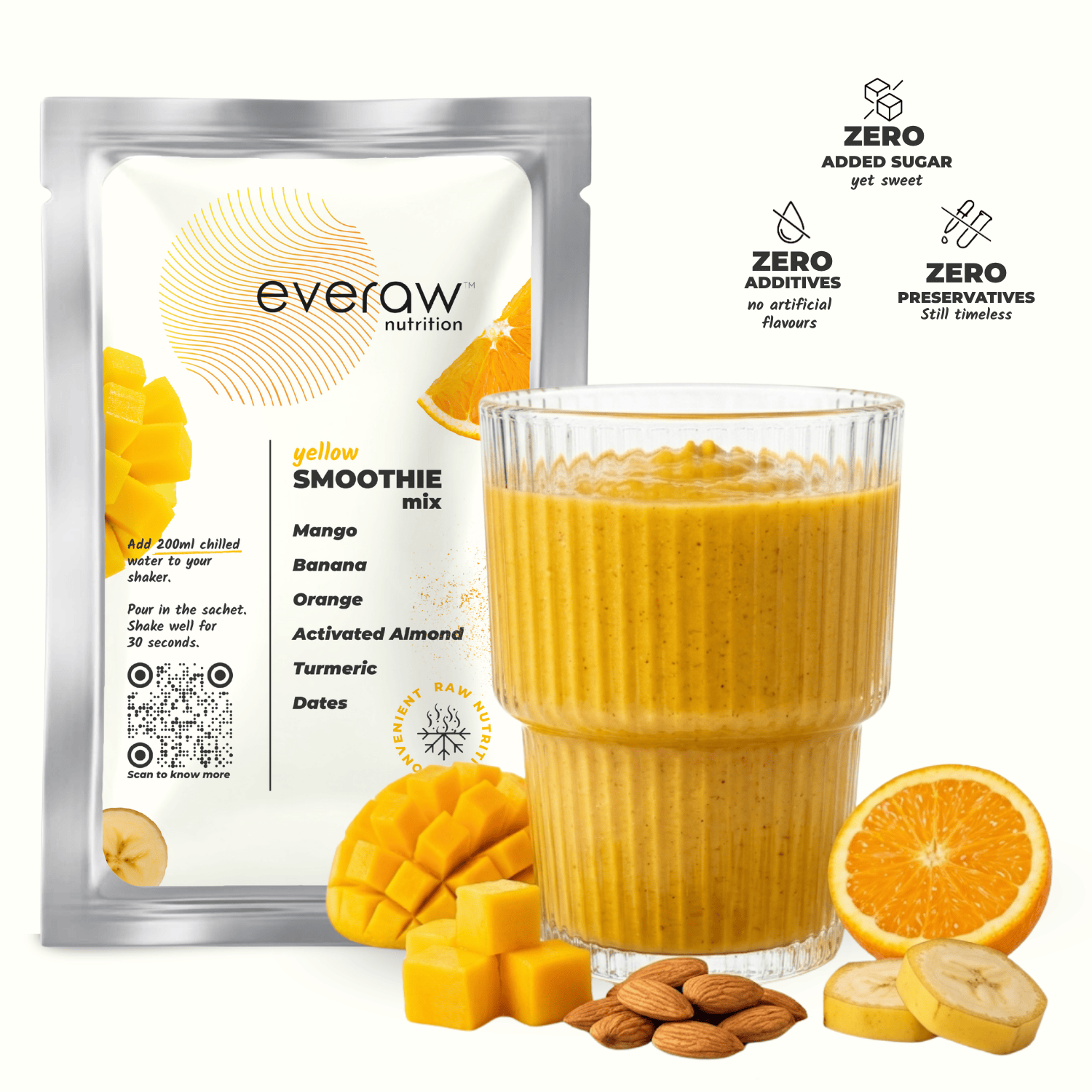 Everaw Yellow freeze dried Super Smoothie mix made from real mango, banana and orange, 100% real fruit with no added sugar, no preservatives and no artificial colours, instant healthy smoothie for kids and adults