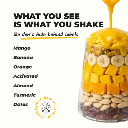 Everaw Yellow smoothie mix ingredients, real mango, banana and orange and nothing else, what you see is what you shake, clean label freeze dried fruit smoothie