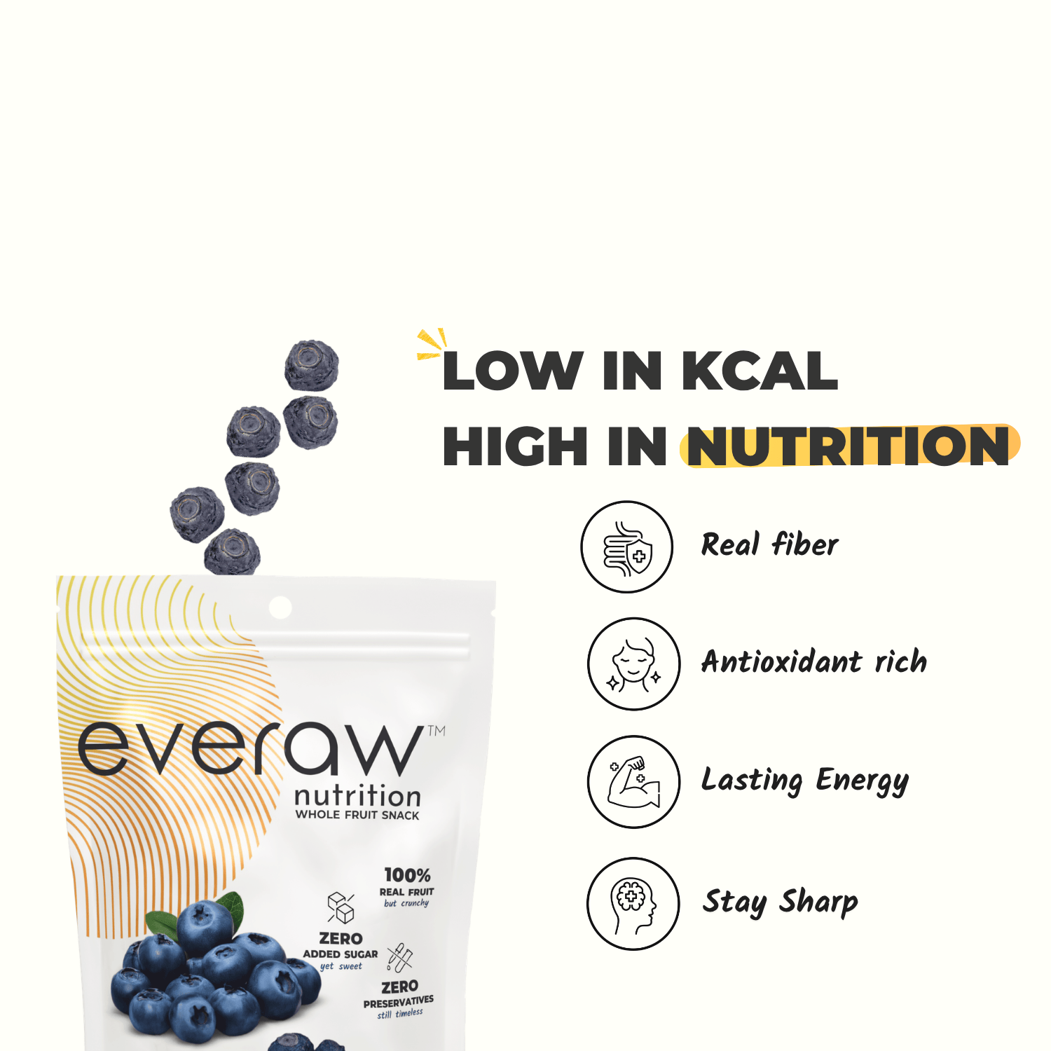 Everaw Blueberry freeze dried whole fruit snack benefits, real fibre, antioxidant rich, lasting energy and focus, low calorie healthy snack for kids and adults