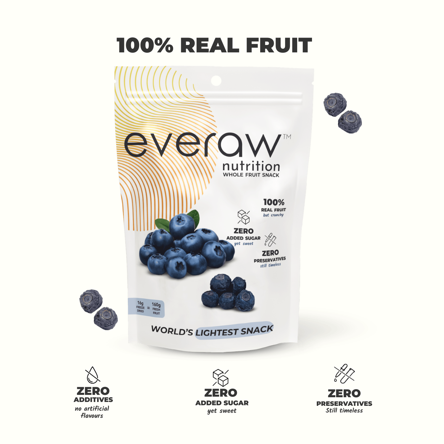 Everaw Blueberry freeze dried whole fruit snack, 100% real freeze dried blueberry with no added sugar, no preservatives and no artificial colours, healthy crunchy snack for kids in India