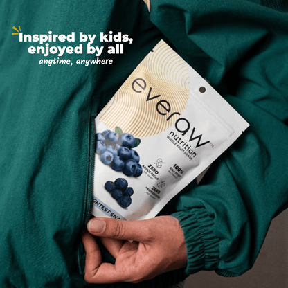 Everaw Blueberry freeze dried whole fruit snack for on the go snacking, kid friendly real fruit snack enjoyed by all ages, lightweight and travel ready with no mess