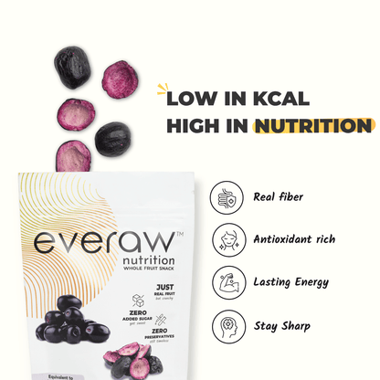 Everaw Kala Jamun freeze dried whole fruit snack benefits, real fibre, antioxidant rich, lasting energy and focus, low calorie healthy snack for kids and adults