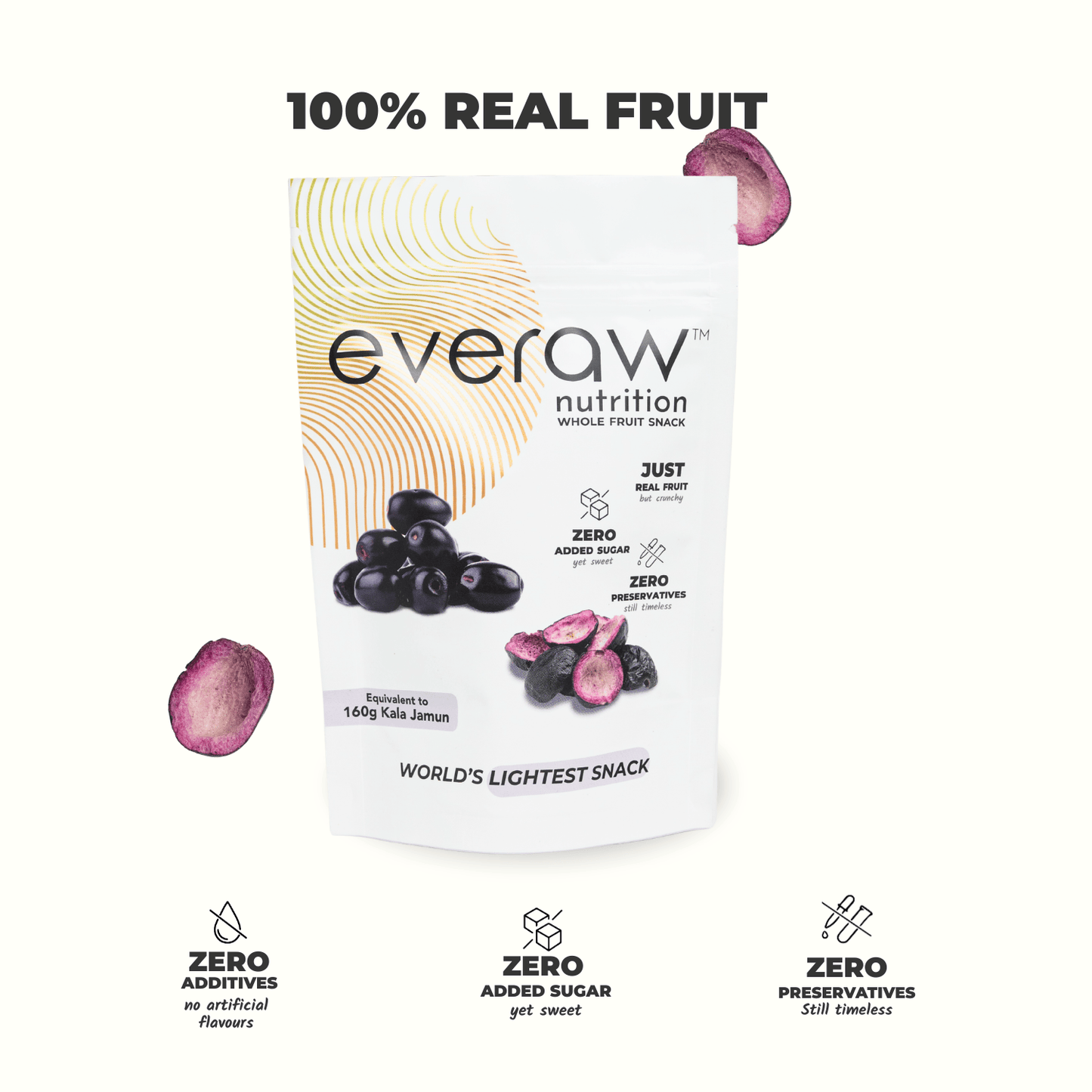 Everaw Kala Jamun freeze dried whole fruit snack, 100% real freeze dried kala jamun with no added sugar, no preservatives and no artificial colours, healthy crunchy snack for kids in India