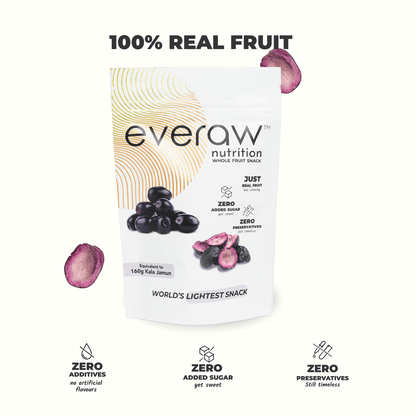 Everaw Kala Jamun freeze dried whole fruit snack, 100% real freeze dried kala jamun with no added sugar, no preservatives and no artificial colours, healthy crunchy snack for kids in India