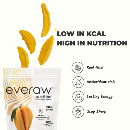Everaw Mango freeze dried whole fruit snack benefits, real fibre, antioxidant rich, lasting energy and focus, low calorie healthy snack for kids and adults