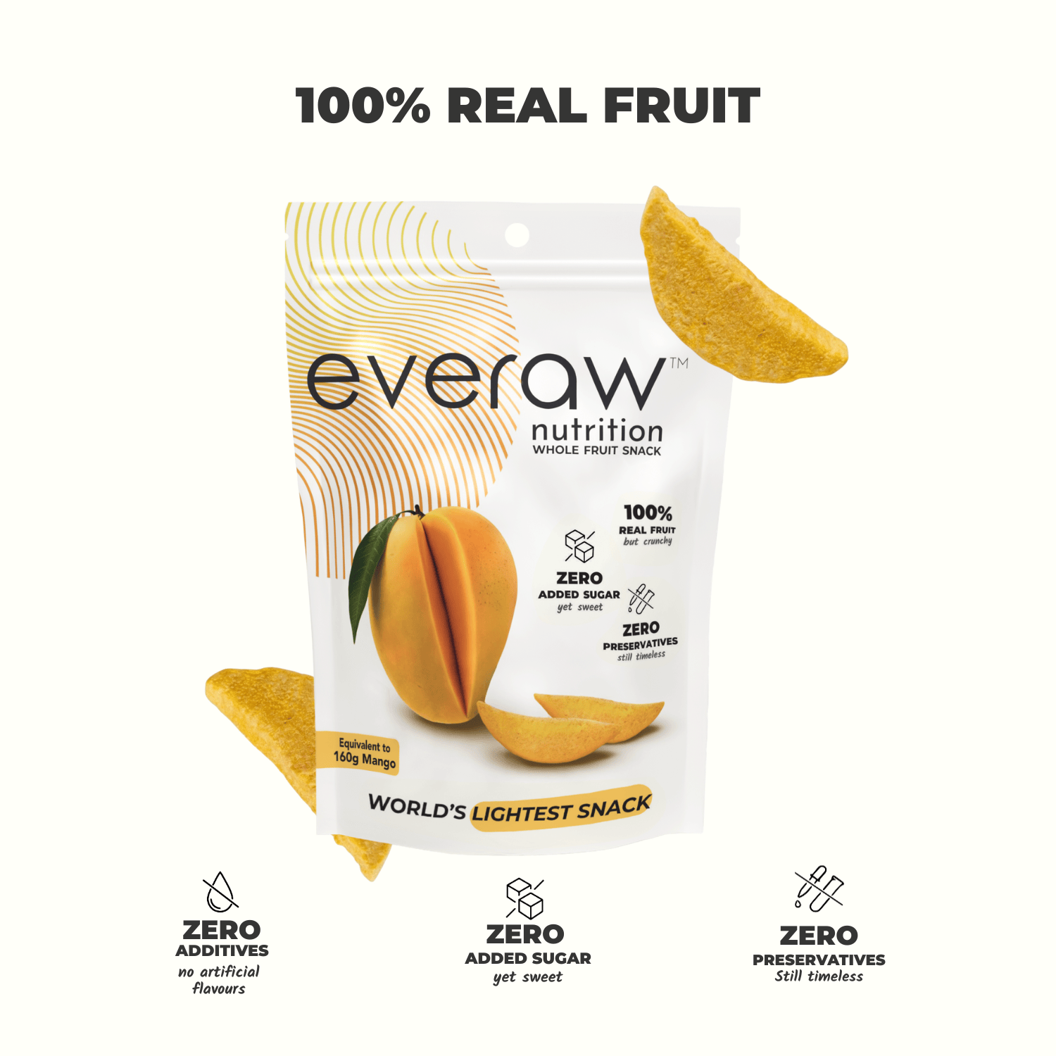 Everaw Mango freeze dried whole fruit snack, 100% real freeze dried mango with no added sugar, no preservatives and no artificial colours, healthy crunchy snack for kids in India