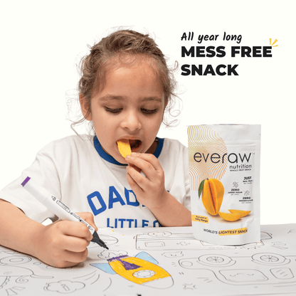 Everaw freeze dried mango as a mess free everyday snack and recipe topping, add to smoothies, cereal, desserts and lunchboxes anytime