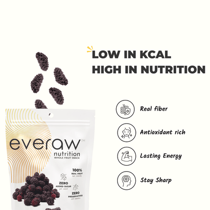 Everaw Mulberry freeze dried whole fruit snack benefits, real fibre, antioxidant rich, lasting energy and focus, low calorie healthy snack for kids and adults