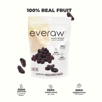 Everaw Mulberry freeze dried whole fruit snack, 100% real freeze dried mulberry with no added sugar, no preservatives and no artificial colours, healthy crunchy snack for kids in India
