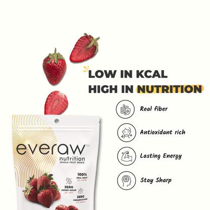Everaw Strawberry freeze dried whole fruit snack benefits, real fibre, antioxidant rich, lasting energy and focus, low calorie healthy snack for kids and adults