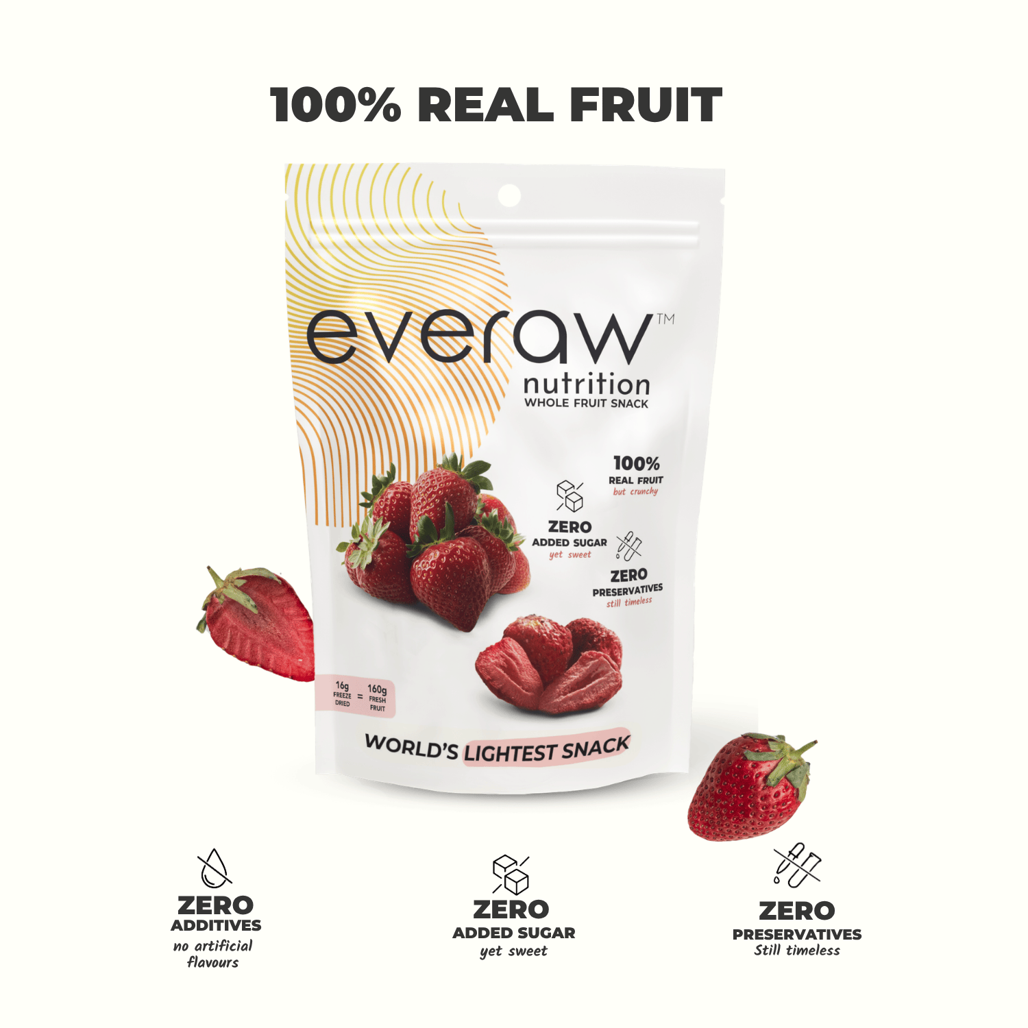 Everaw Strawberry freeze dried whole fruit snack, 100% real freeze dried strawberry with no added sugar, no preservatives and no artificial colours, healthy crunchy snack for kids in India