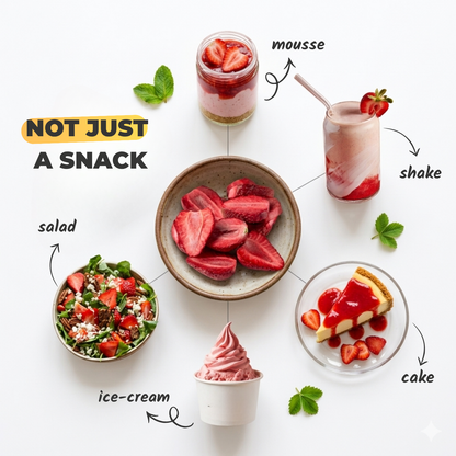 Everaw freeze dried strawberry as a mess free everyday snack and recipe topping, add to smoothies, cereal, desserts and lunchboxes anytime