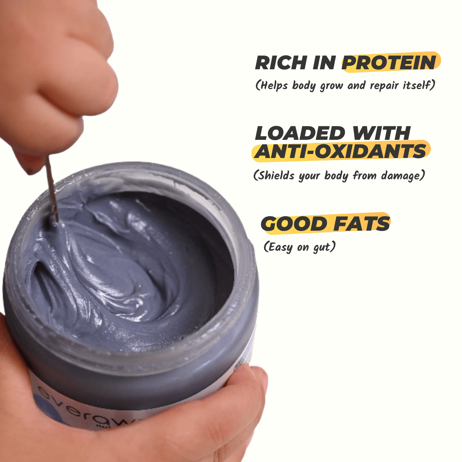 Everaw Blue Vanilla Cashew Butter benefits, rich in protein, loaded with antioxidants and good fats, wholesome spread for kids and adults