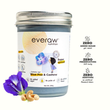 Everaw Blue Vanilla Cashew Butter jar, clean label nut and fruit spread made with real butterfly pea flower, vanilla and cashews, no added sugar, no palm oil and no preservatives, healthy spread for kids and adults