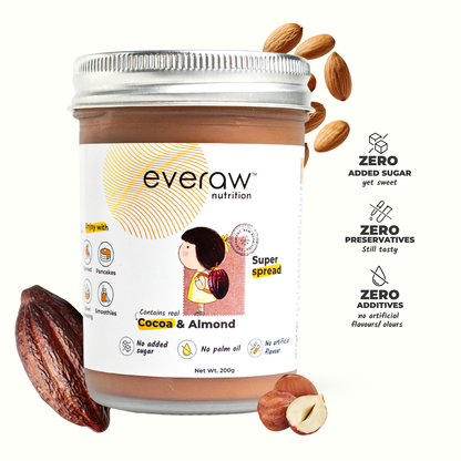 Everaw Cocoa Almond Butter jar, clean label nut and fruit spread made with real cocoa, almonds and hazelnut, no added sugar, no palm oil and no preservatives, healthy spread for kids and adults