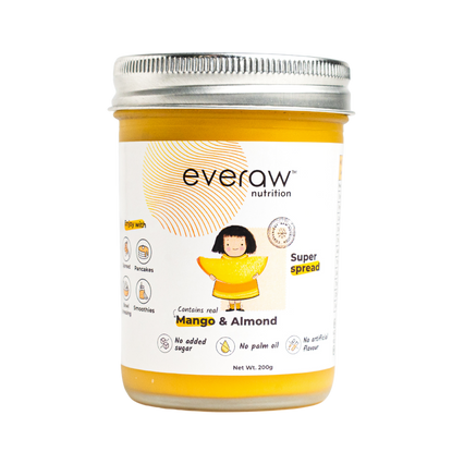 Everaw Mango Almond Butter jar, clean label nut and fruit spread made with freeze dried mango and almonds, no added sugar, no palm oil and no preservatives