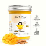 Everaw Mango Almond Butter jar, clean label nut and fruit spread made with real mango and almonds, no added sugar, no palm oil and no preservatives, healthy spread for kids and adults