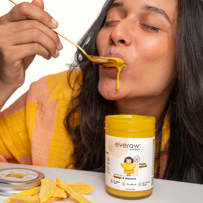 Everaw Mango Almond Butter for everyday healthy snacking, kid friendly clean label spread enjoyed by all ages with no added sugar