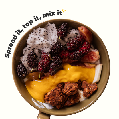 How to use Everaw Mango Almond Butter, spread it on toast, top your bowl or mix into smoothies and desserts, versatile real fruit and nut spread