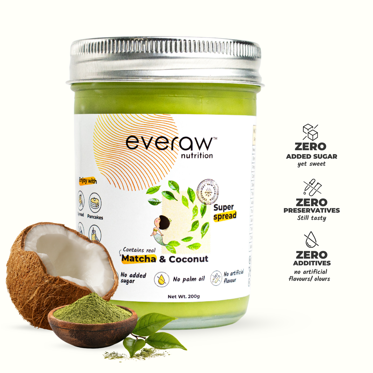 Everaw Matcha Coconut Butter jar, clean label nut and fruit spread made with real matcha and coconut, no added sugar, no palm oil and no preservatives, healthy spread for kids and adults