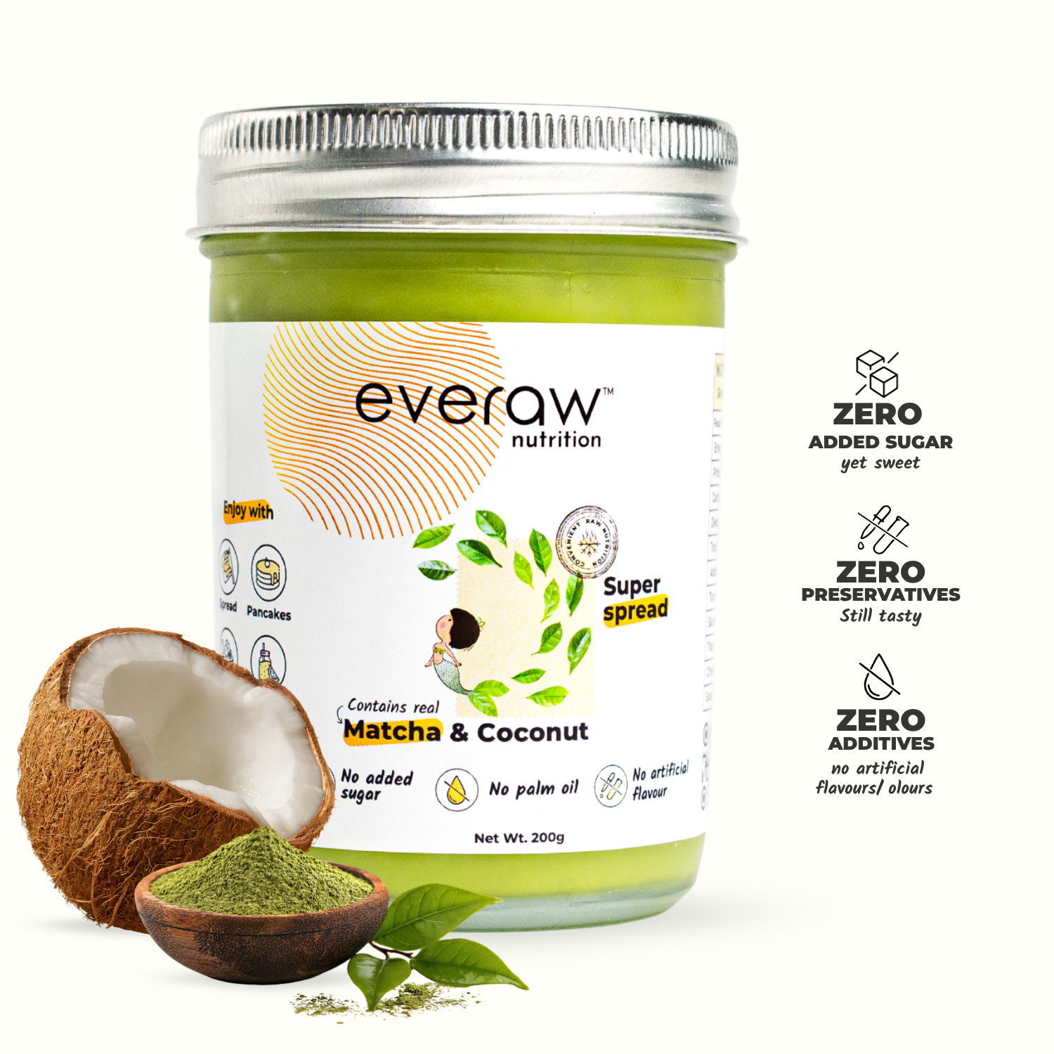 Everaw Matcha Coconut Butter jar, clean label nut and fruit spread made with real matcha and coconut, no added sugar, no palm oil and no preservatives, healthy spread for kids and adults