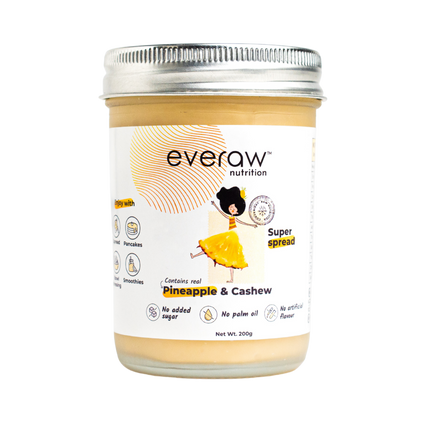 Everaw Pineapple Cashew Butter jar, clean label nut and fruit spread made with freeze dried pineapple and cashews, no added sugar, no palm oil and no preservatives