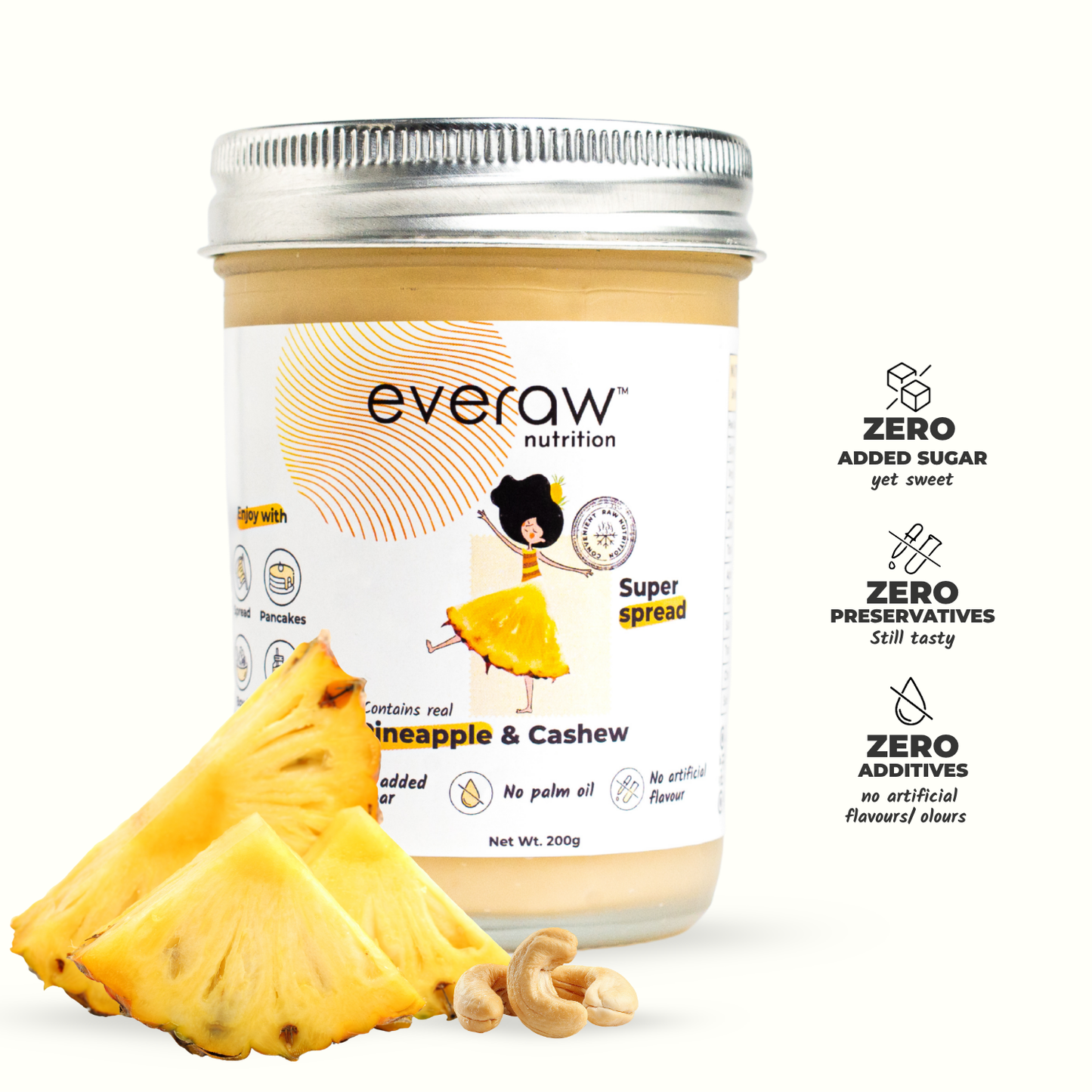 Everaw Pineapple Cashew Butter jar, clean label nut and fruit spread made with real pineapple and cashews, no added sugar, no palm oil and no preservatives, healthy spread for kids and adults