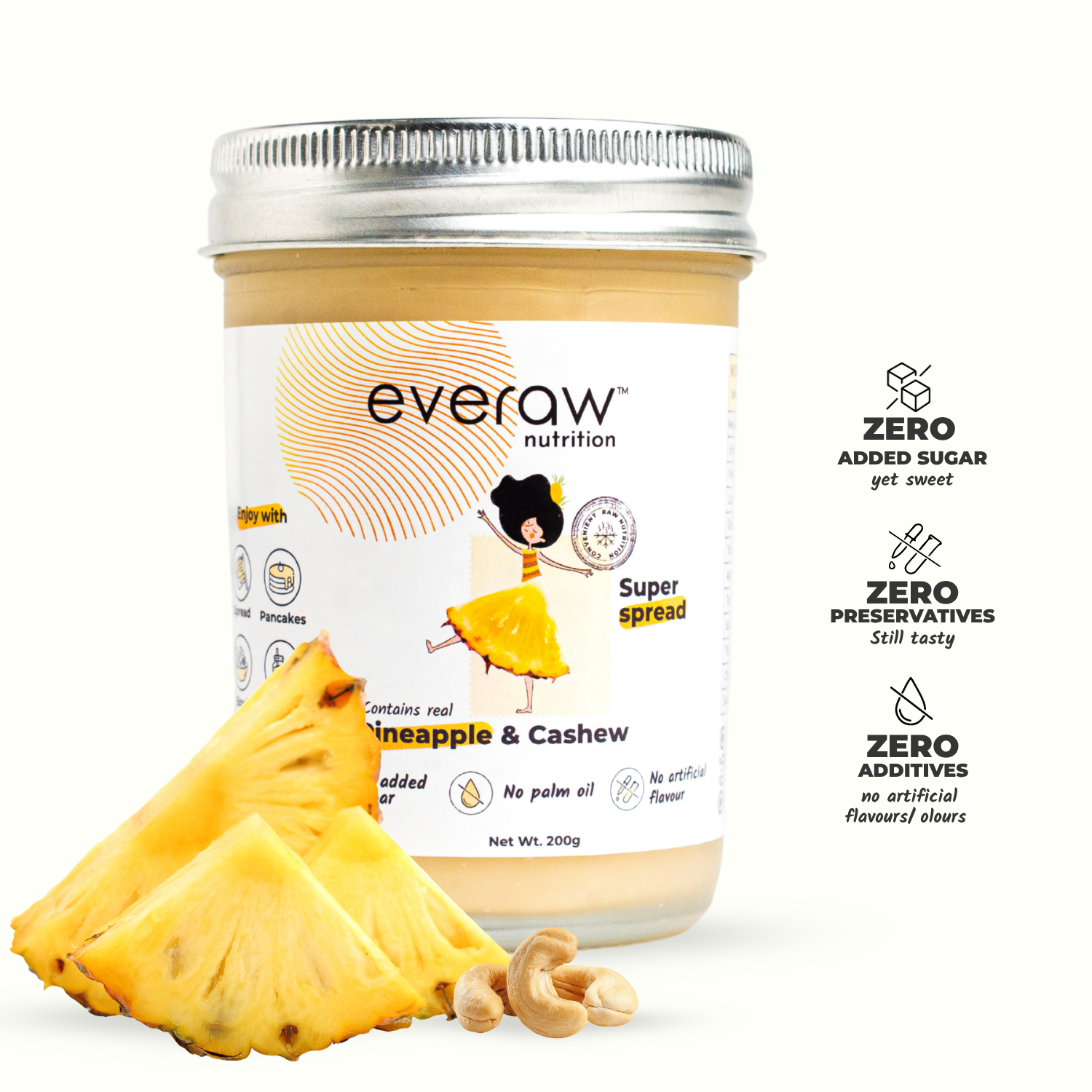 Everaw Pineapple Cashew Butter jar, clean label nut and fruit spread made with real pineapple and cashews, no added sugar, no palm oil and no preservatives, healthy spread for kids and adults