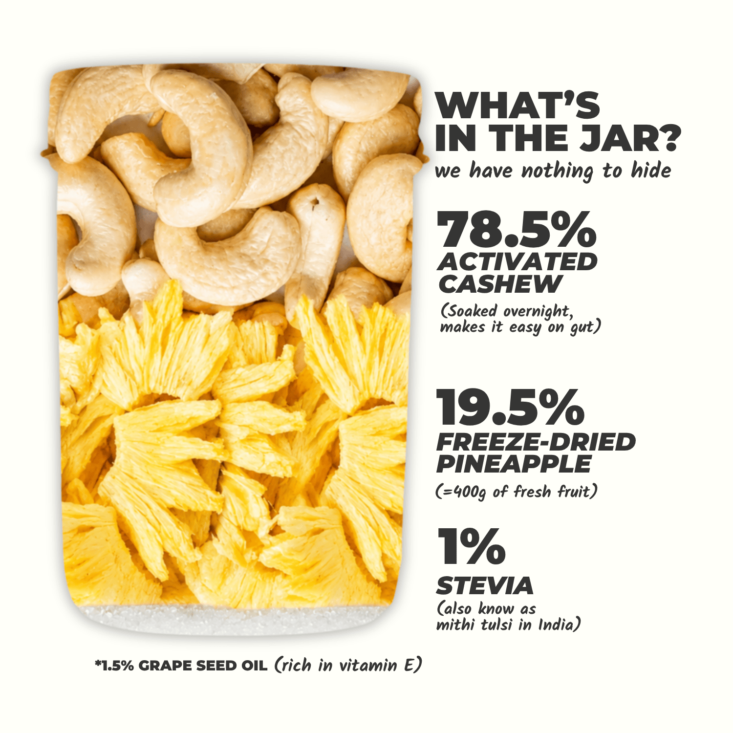 Everaw Pineapple Cashew Butter ingredient breakdown, real pineapple and cashews and nothing artificial, high protein clean label spread